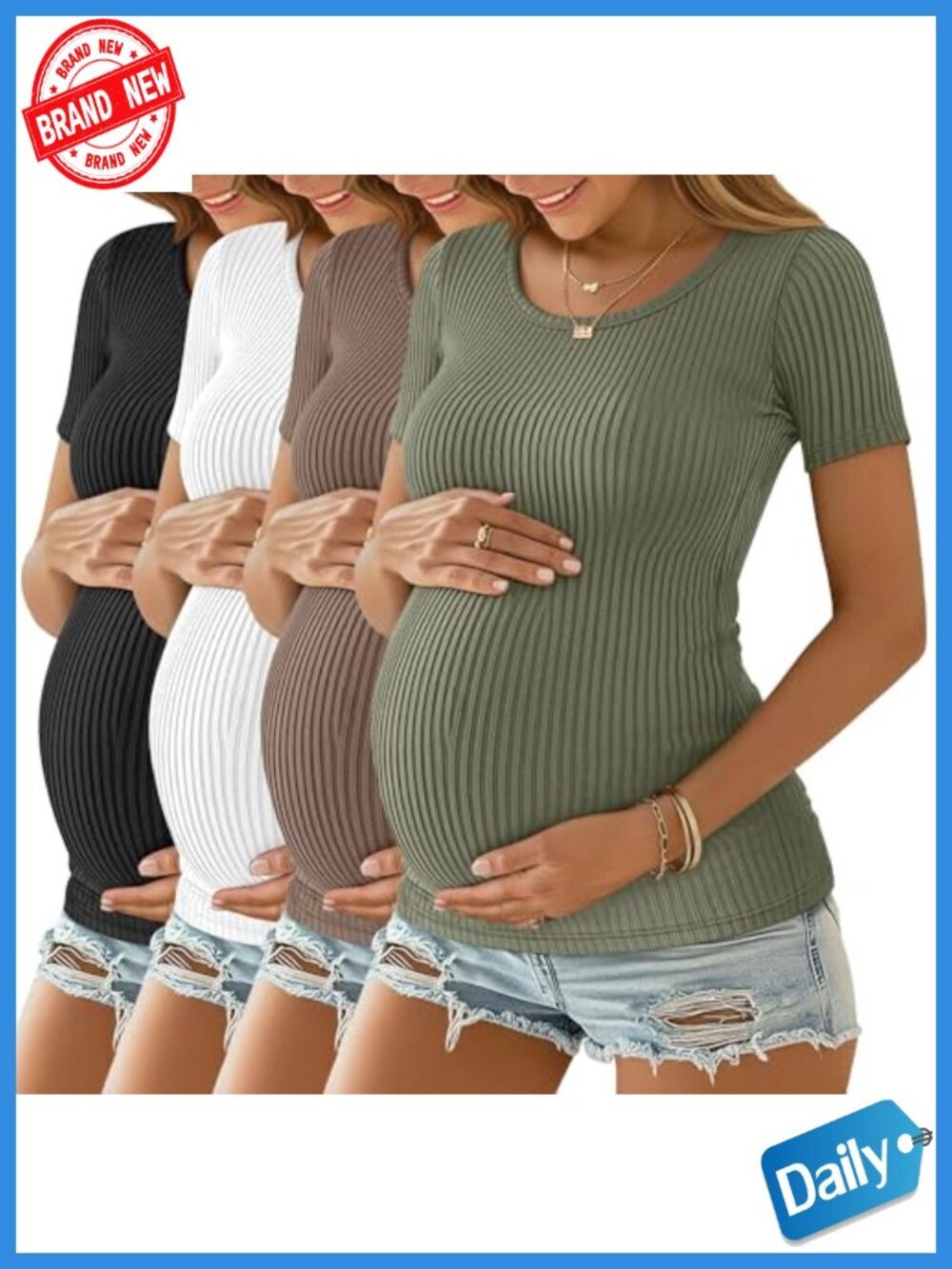 4 Pack Women's Maternity T-Shirts Ribbed Knit Short Sleeve Crew Neck Tunic Tee